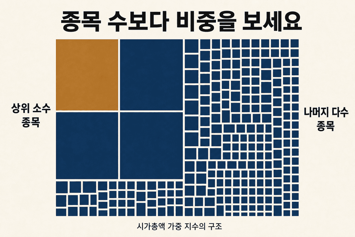 '종목 수보다 비중을 보세요'라는 제목의 면적 도표. 왼쪽의 큰 정사각형 네 개가 전체 면적의 절반가량을 차지하며 '상위 소수 종목'으로 표시되고, 오른쪽의 훨씬 작은 정사각형 수십 개가 '나머지 다수 종목'으로 표시된다. 하단에 시가총액 가중 지수의 구조라고 적혀 있다.