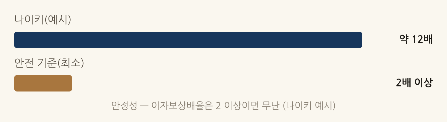 안정성 — 이자보상배율은 2 이상이면 무난 (나이키 예시): 나이키(예시) 약 12배, 안전 기준(최소) 2배 이상