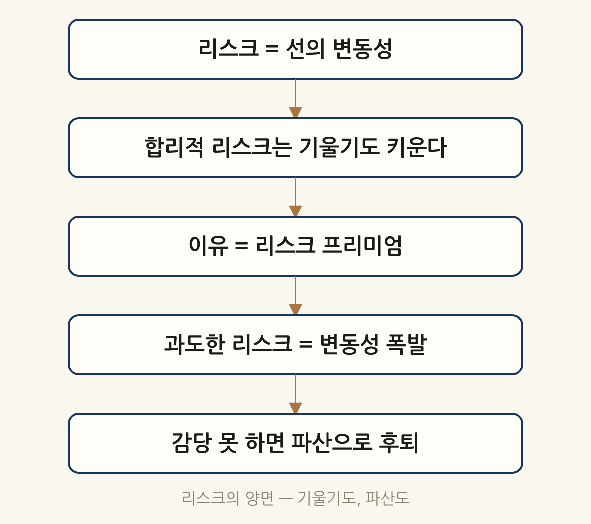 리스크의 양면 — 기울기도, 파산도: 리스크 = 선의 변동성 → 합리적 리스크는 기울기도 키운다 → 이유 = 리스크 프리미엄 → 과도한 리스크 = 변동성 폭발 → 감당 못 하면 파산으로 후퇴